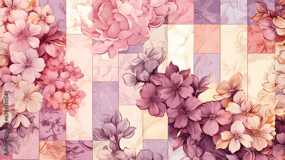 Patchwork seamless pattern from patches with beautiful floral ornaments texture marble. Generative Ai. - obrazy, fototapety, plakaty 