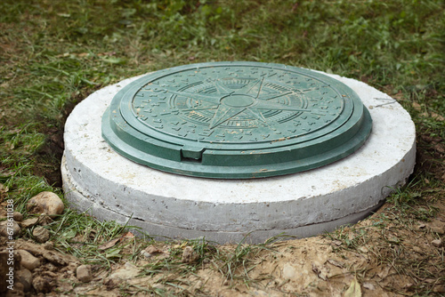 Sewer Manhole on Septic Tank made of Concrete Rings. Construction of Sewerage System, Installing Septic Tanks for Private Houses. photo