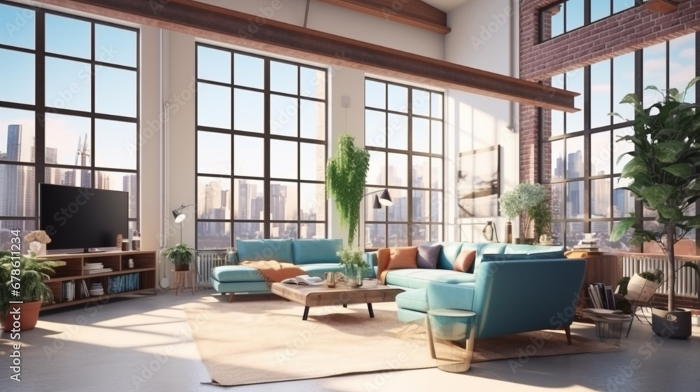 Image showcasing soft color New modern city loft apartment. Part of modern loft interior ...