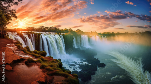 beautiful landscape view of Iguazu Falls in Brazil created with Generative AI Technology photo