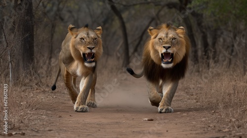 Two charging lions at Zimbabwe.