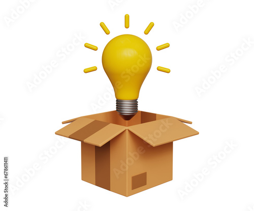 3D stratup idea. Creative idea, business planning, strategy, investment, invention. Shinny light bulb floating on cardboard box. 3d illustration photo