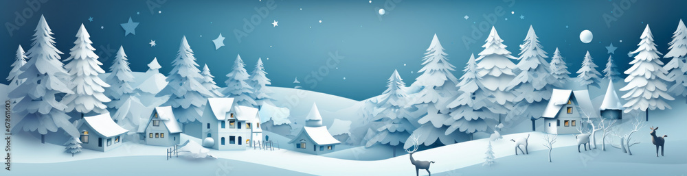 Winter Wonderland: Serene, Snowy Landscape with Frosty Trees and Cozy Houses