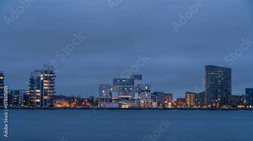 Canvas Print Evening cityscape panorama of the illuminated Aalborg, North Jutland Region (Nordjylland), Denmark
