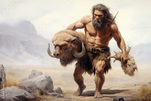 Caveman hauling a kill back to the living site  photo