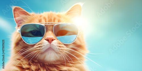 portrait of a cat with blue eyes ,A cool cat wearing sun glasses on a beach,Cat Summer Images.Beautiful Animal wallpaper,AI Generative 