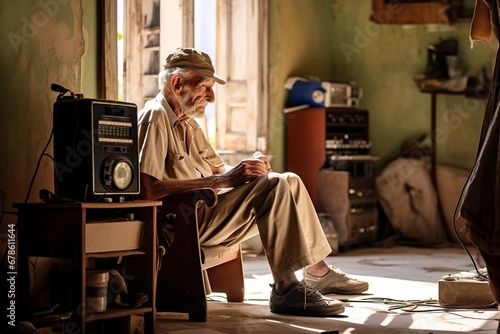 An elderly man listening to music in an old apartment, loneliness