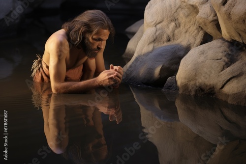 Caveman discovering reflections and his own image in water 