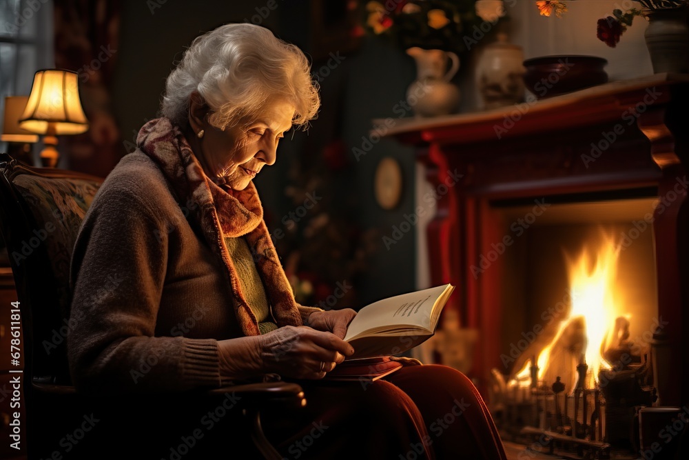 Fototapeta premium An elderly woman sits by the fireplace with a picture of her late spouse and book, loneliness