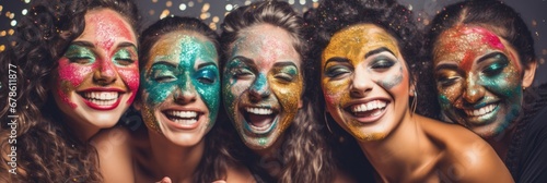 A group of friends having fun with a multicolored glitter facial mask party relaxing spa background with empty space for text 