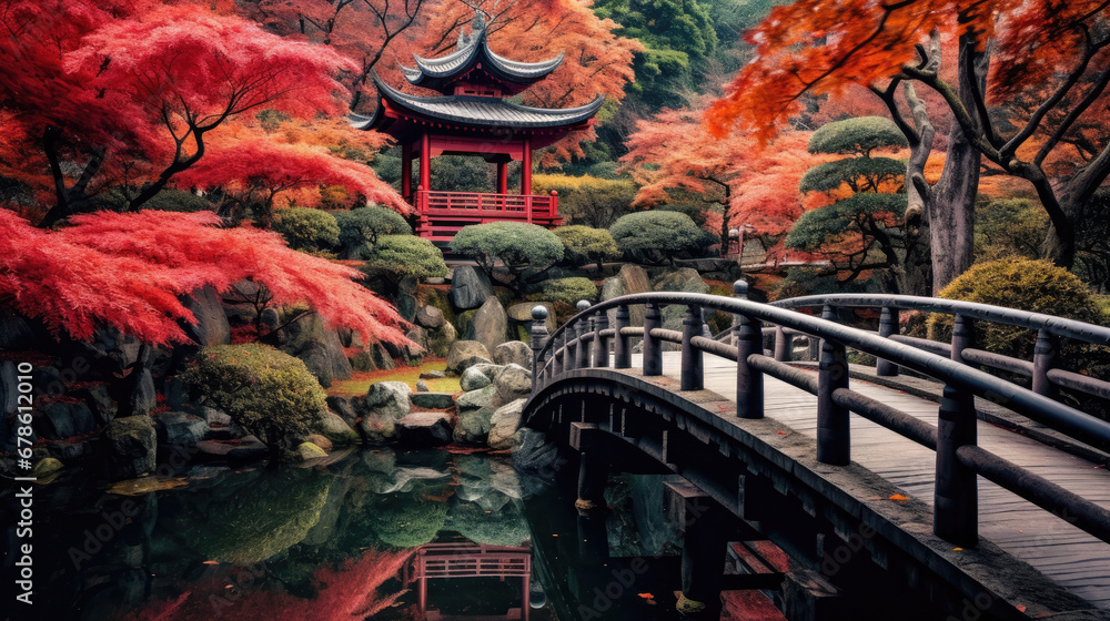 beautiful view of ancient palace gardens in Kyoto Japan created with Generative AI Technology - obrazy, fototapety, plakaty 