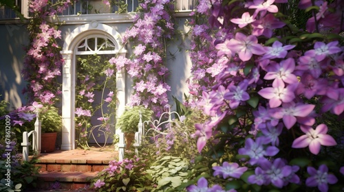 A blooming clematis vine  with its intricate purple and white flowers climbing a garden trellis  creating a whimsical and enchanting scene.