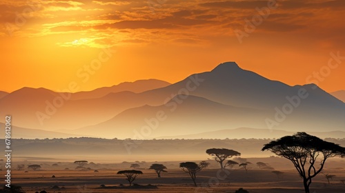 Beautiful landscape with sunset, nature background, African landscape with mountains silhouettes and sunset