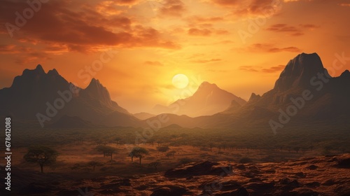 Landscape with sunset concept African landscape with mountains silhouettes and sunset