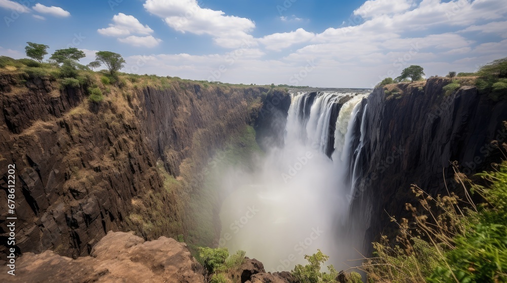 Zimbabwe side of Victoria Falls, (Mosi-oa-Tunya). Victoria Falls is a waterfall of 355ft (109m) on the Zambezi River on the border of Zambia and Zimbabwe in Southern Africa. Zimbabwe side of Victoria Falls, (Mosi-oa-Tunya). Victoria Falls is a waterfall of 355ft (109m) on the Zambezi River on the border of Zambia and Zimbabwe in Southern Africa.
