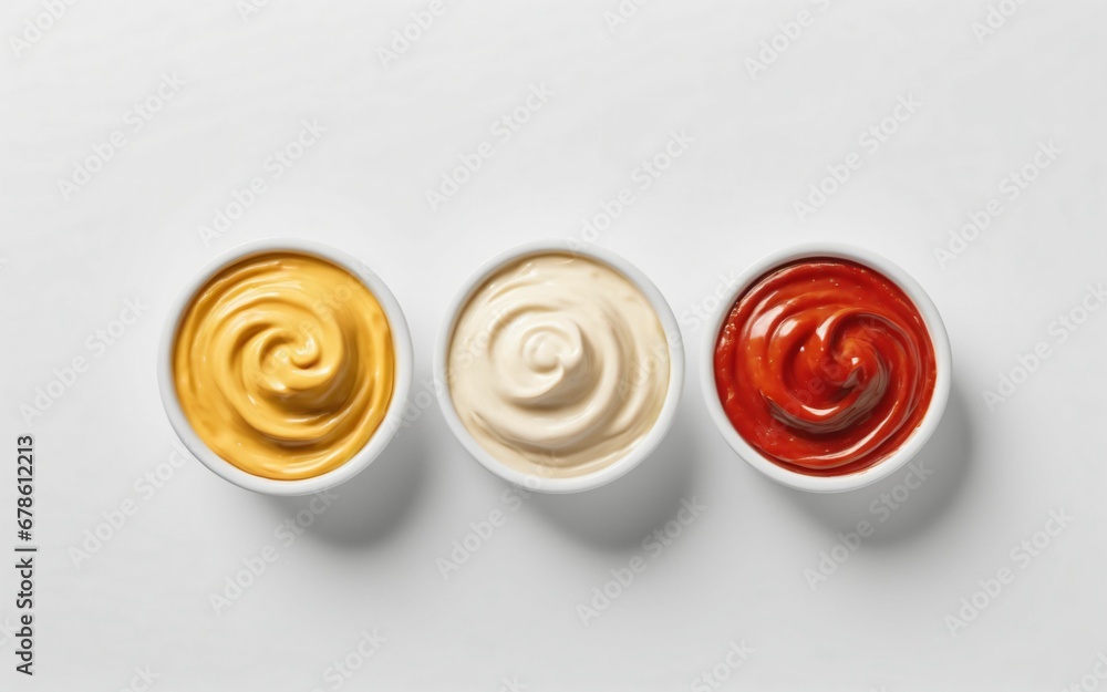 Mayonnaise, mustard, ketchup isolated. Mayo swirl, mustard condiment, tomato sauce on white background. Sauce set Mayonnaise, mustard, ketchup isolated. Mayo swirl, mustard condiment, tomato sauce on white background. Sauce set