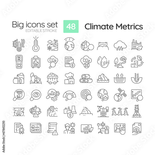 2D editable black big thin line icons set representing climate metrics, isolated simple vector, linear illustration.