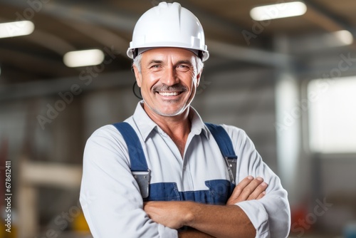 Mature happy handyman with hard hat. Worker in the plant