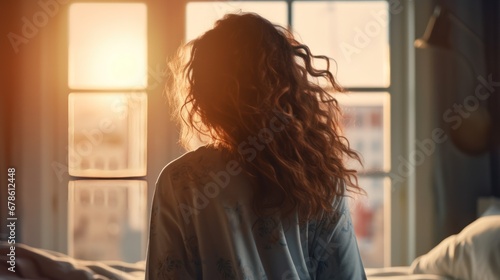 Behind the woman stands near the window. The morning sun shines.