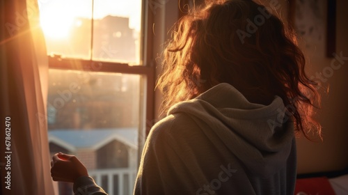 Behind the woman stands near the window. The morning sun shines.