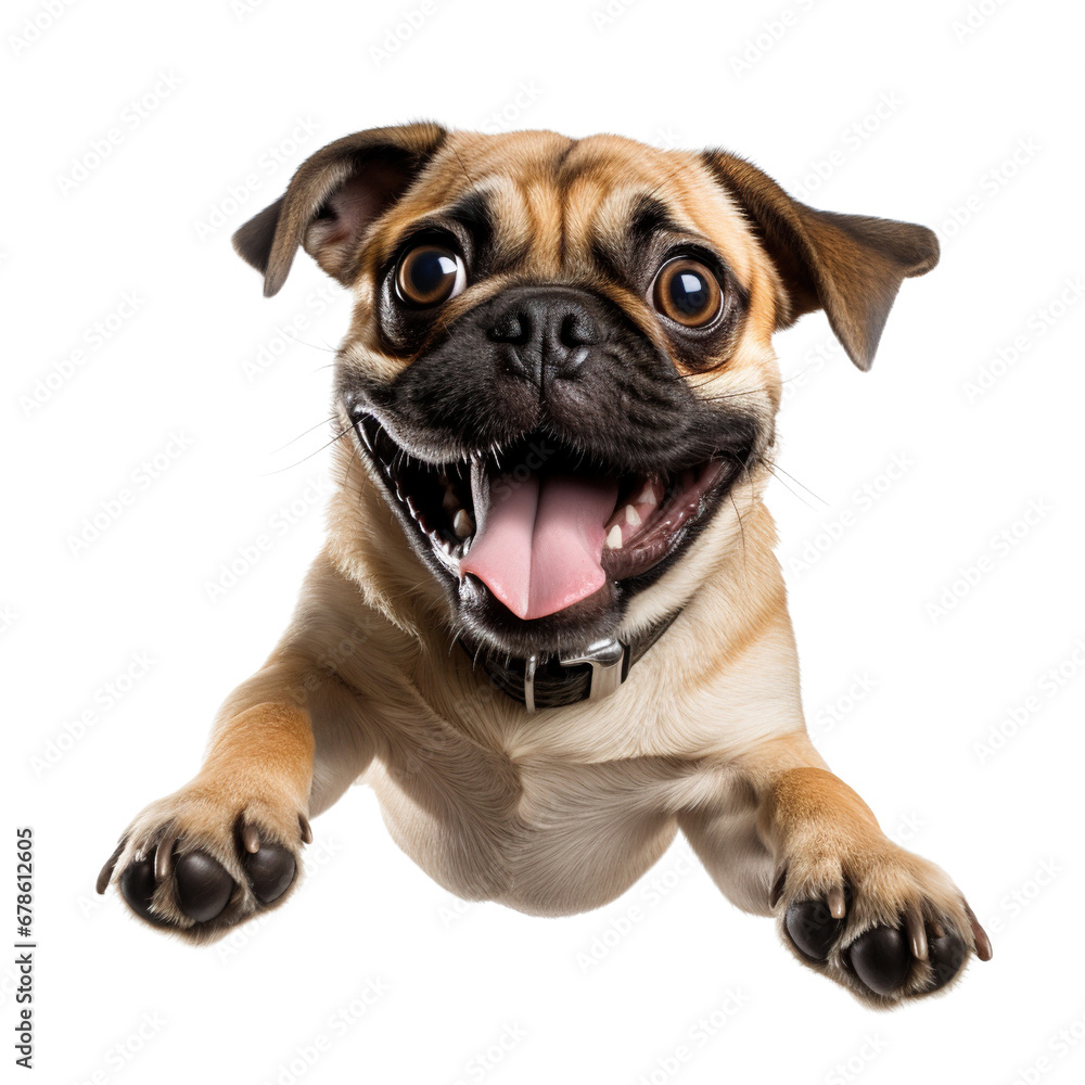 Cute pug jumping with joy on white background