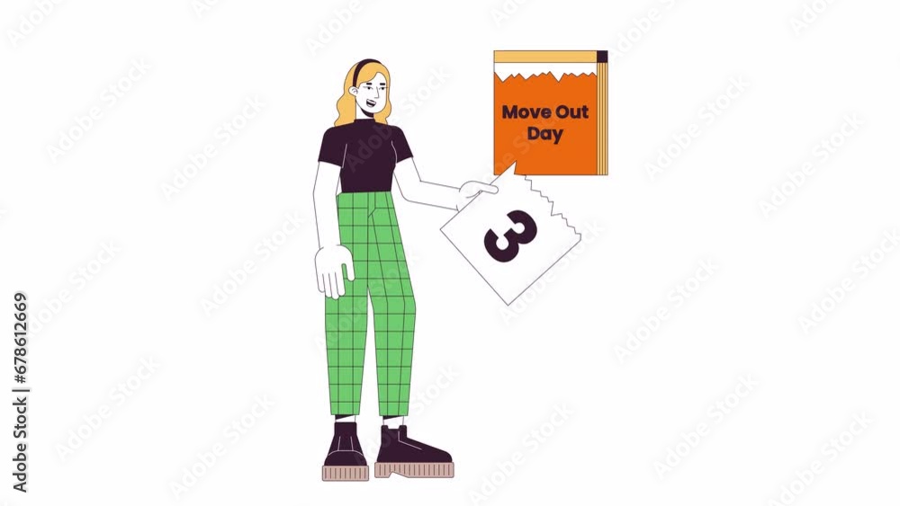 Moving out day calendar tear off line cartoon animation. Counting days 4K video motion graphic. Caucasian woman ripping page off countdown 2D linear animated character isolated on white background Moving out day calendar tear off line cartoon animation. Counting days 4K video motion graphic. Caucasian woman ripping page off countdown 2D linear animated character isolated on white background