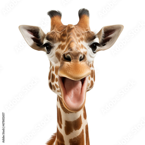 Portrait of smiling giraffe isolated on a white background