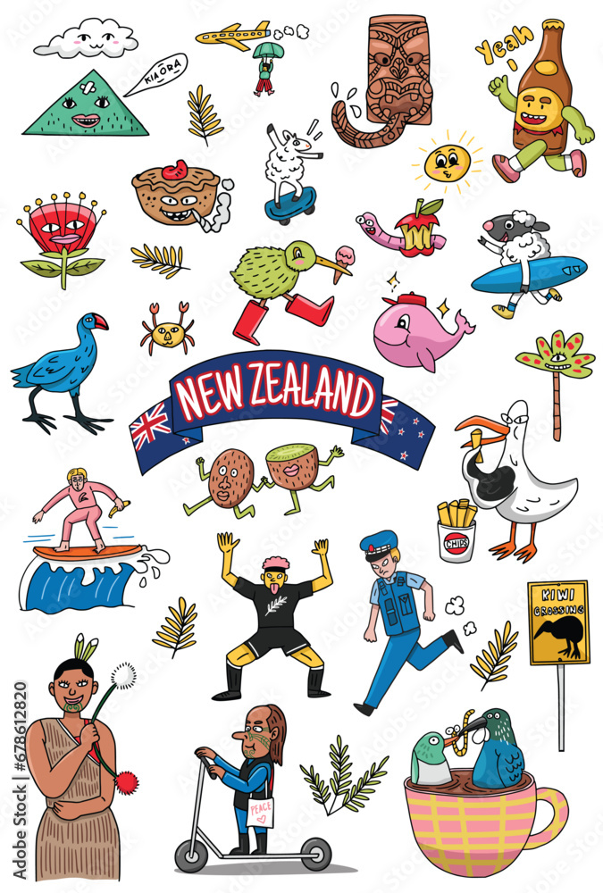 Hand-drawn Illustration of New Zealand icons and characters