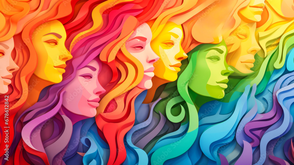 Abstract drawing of girls faces in colors of LGBT community - concept of supporting sexual minorities