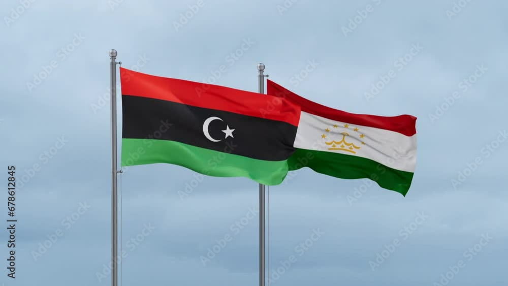 Tajikistan and Libya flag waving together on cloudy sky, endless seamless loop, two country cooperation concept Tajikistan and Libya flag waving together on cloudy sky, endless seamless loop, two country cooperation concept