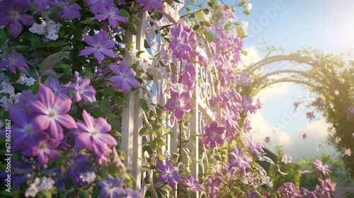 A blooming clematis vine, with its intricate purple and white flowers climbing a garden trellis, creating a whimsical and enchanting scene.
