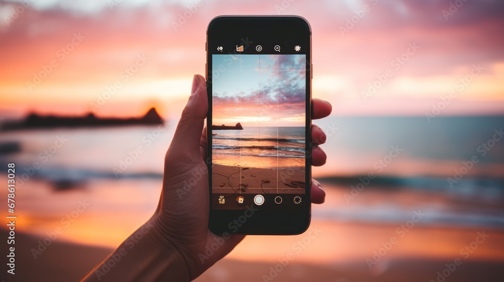 Close up hands of Woman holding mobile phone in hands and taking sunrise - obrazy, fototapety, plakaty 
