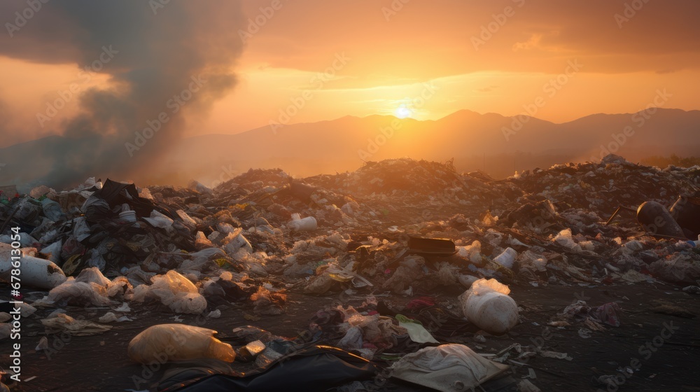 Environment concept,Close up large garbage pile near the sunset,