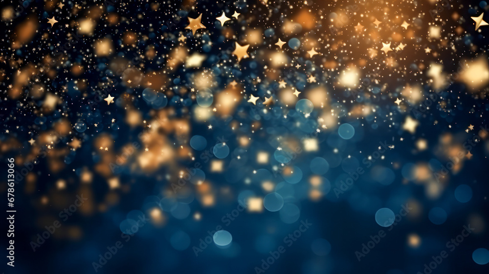 Blue background with amazing soft bokeh lights and shiny golden elements - Christmas or New Year background - obrazy, fototapety, plakaty 