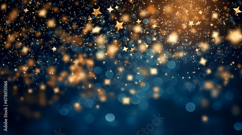 Blue background with amazing soft bokeh lights and shiny golden elements - Christmas or New Year background