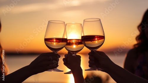  Close up of hands, silhouette of group of girlfriends raise a toast with glasses of white wine on a sunset photo