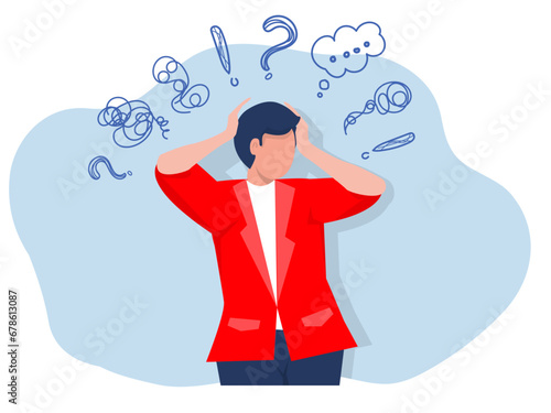 man suffers from obsessive thoughts; headache; unresolved issues; psychological trauma; depression.Mental stress panic mind disorder flat vector illustration