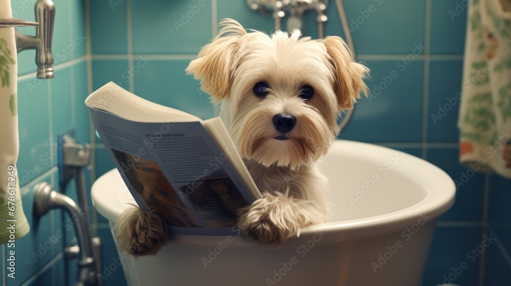 Cute little dog in the bathroom, dog and book, dog and luxurious ...