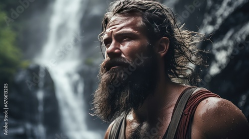 Mountain climber, close-up of bearded man near a waterfall in the forest