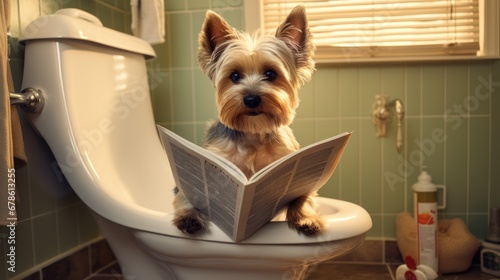 Cute little dog in the bathroom, dog and book, dog and luxurious bathroom