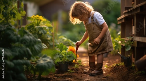 little girl daughter working in the vegetable garden ,little child and nature #678613444