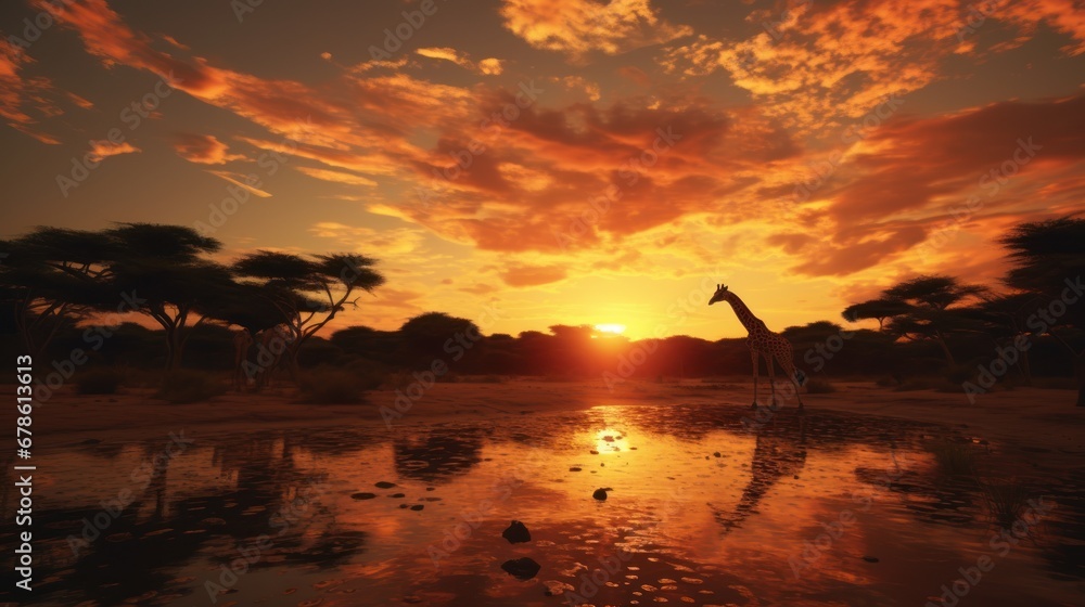 Giraffe and sunset in the African forest, wildlife and beautiful landscape.