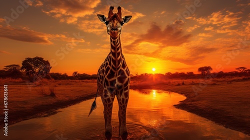 Giraffe and sunset in the African forest, wildlife and beautiful landscape. photo