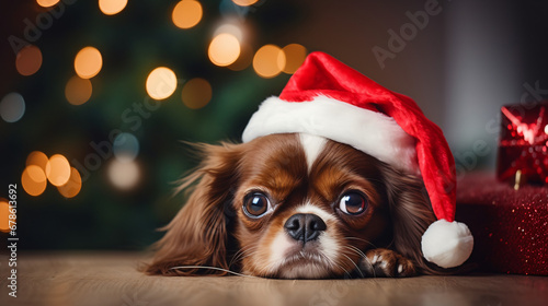 Cute dog in Santa Claus hat