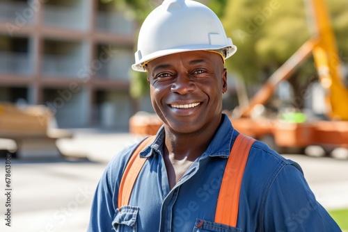 Mature Afro American happy handyman with hard hat. Worker in the plant photo