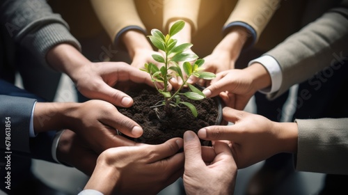 group of business colleagues holding a budding plant growing out of soil in their hands