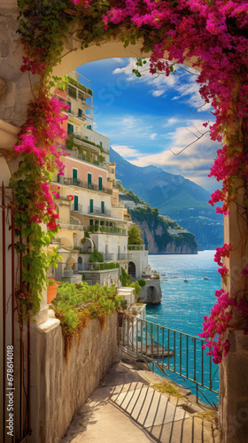 beautiful view of Italy's amalfi Coast with red flowers, unique artsy architecture buildings and blue sea created with Generative AI Technology