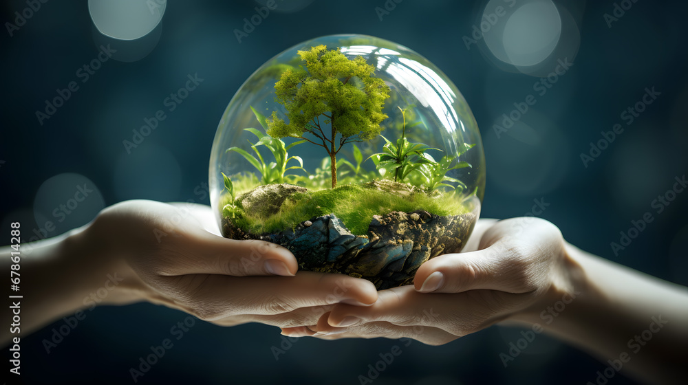 Sustainable Environment Concept with Hands Holding a Green Miniature World Sustainable Environment Concept with Hands Holding a Green Miniature World