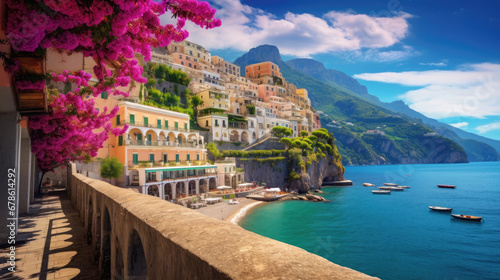 beautiful view of Italy's amalfi Coast with red flowers, unique artsy architecture buildings and blue sea  created with Generative AI Technology photo