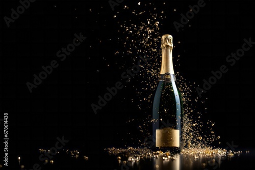 Frosted champagne bottle isolated over black background.